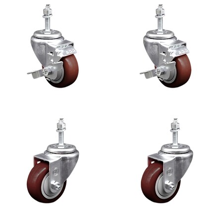 Service Caster 3 Inch SS Maroon Polyurethane Swivel 3/8 Inch Threaded Stem Caster Brake, 2PK SSTS20S314-PPUB-MRN-TLB-381615-2-S-2